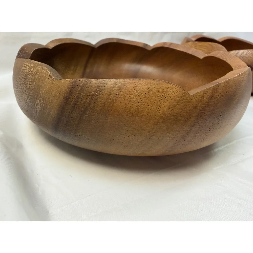 Vintage Acacia Wood Scalloped Flower Petal Serving Bowls Set of 4 Brown 6 Inch